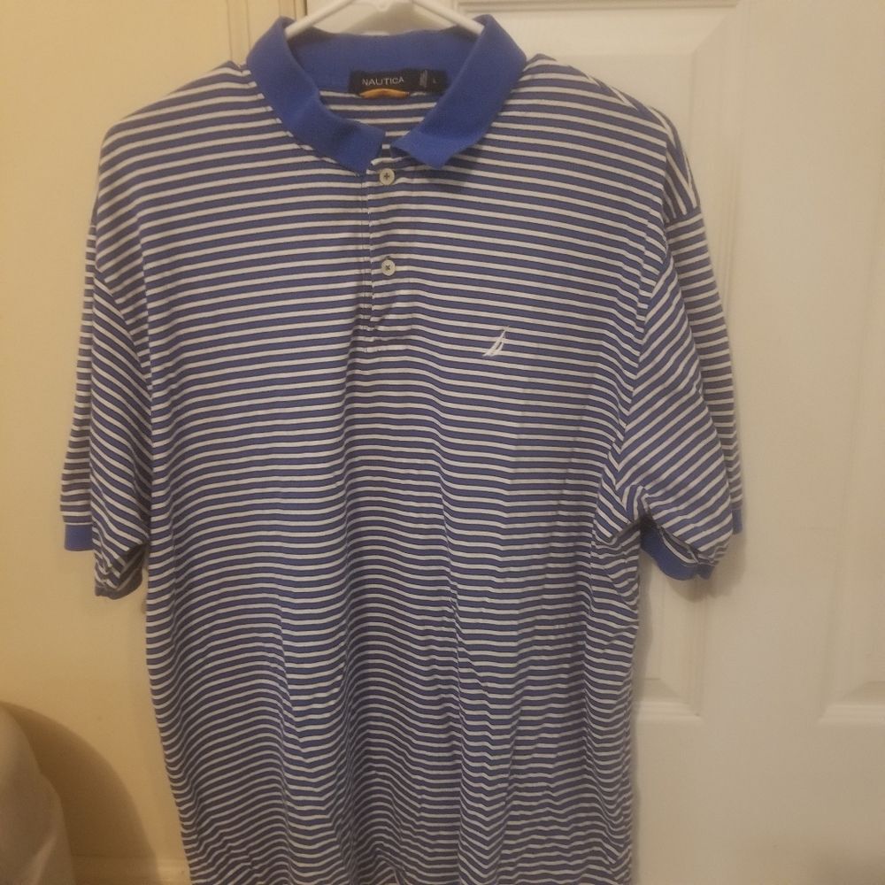 Nautica Polo Sailor Style Blue and White Striped Short Sleeve Shirt Size Large